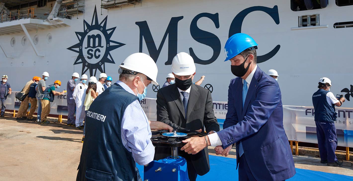 Ceremony with executives and workers near MSC cruise ship under construction | MSC Cruises