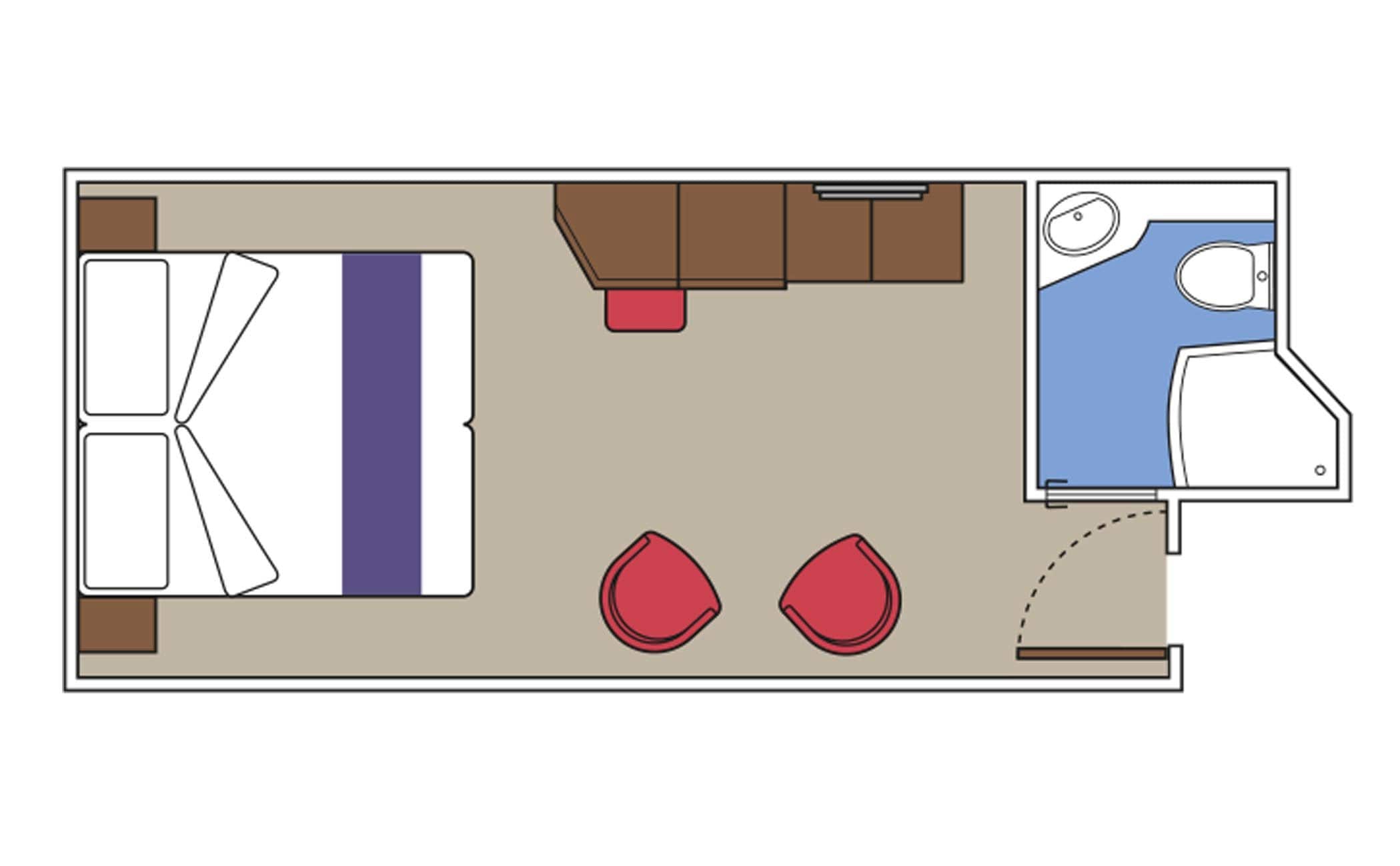 Floor plan of a cruise cabin with a double bed, seating area, and private bathroom | MSC Cruises Floor plan of a cruise cabin with a double bed, seating area, and private bathroom | MSC Cruises