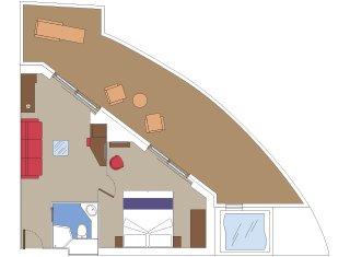 Spacious cruise suite layout with bedroom, living area, bathroom, and large balcony | MSC Cruises Spacious cruise suite layout with bedroom, living area, bathroom, and large balcony | MSC Cruises