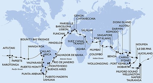 116 Noches por Francia, España, Portugal, Cabo Verde, Brasil, Argentina, Uruguay, Chile, Perú, Islas Pitcairn, Polinesia Francesa, Islas Cook, Nueva Zelanda, Australia, Nueva Caledonia, Papúa Nueva Guinea, a bordo del MSC Magnifica
