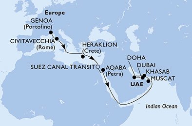 17 Noches por Italia, Grecia, Egipto, Jordania, Omán, Qatar, Emiratos Árabes Unidos a bordo del MSC Bellissima