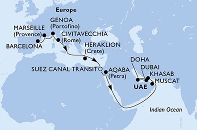19 Noches por España, Francia, Italia, Grecia, Egipto, Jordania, Omán, Qatar, Emiratos Árabes Unidos a bordo del MSC Bellissima