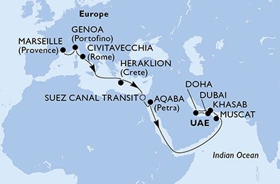 18 Noches por Francia, Italia, Grecia, Egipto, Jordania, Omán, Qatar, Emiratos Árabes Unidos a bordo del MSC Bellissima