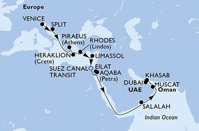 20 Noches por Italia, Croacia, Grecia, Chipre, Egipto, Israel, Jordania, Omán, Emiratos Árabes Unidos a bordo del MSC Lirica