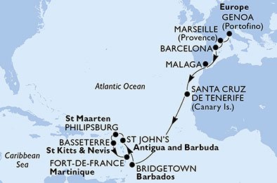16 Noches por Italia, Francia, España, Barbados, Antigua y Barbuda, St. Maarten, St. Kitts, Martinica a bordo del MSC Preziosa