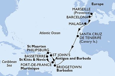 15 Noches por Francia, España, Barbados, Antigua y Barbuda, St. Maarten, St. Kitts, Martinica a bordo del MSC Preziosa