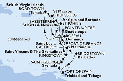 14 Noches por Martinica, Guadalupe, Islas Vírgenes (Británicas), St. Maarten, Dominica, St. Kitts, Antigua y Barbuda, Santa Lucía, Barbados, Trinidad y Tobago, Granada, San Vicente y las Granadinas a bordo del MSC Preziosa