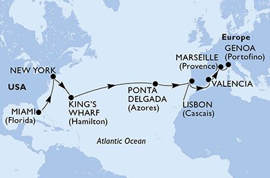 18 Noches por Estados Unidos, Bermudas, Portugal, España, Francia, Italia a bordo del MSC Divina