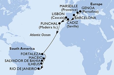 18 Noches por Italia, Francia, España, Portugal, Brasil a bordo del MSC Poesia