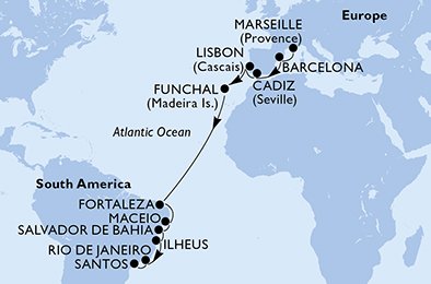 18 Noches por Francia, España, Portugal, Brasil a bordo del MSC Poesia