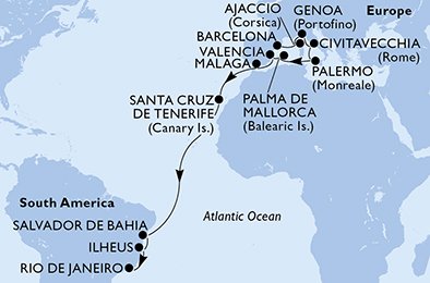 19 Noches por España, Francia, Italia, Brasil a bordo del MSC Seaview
