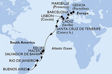 20 Noches por Francia, Italia, España, Portugal, Brasil, Argentina a bordo del MSC Musica