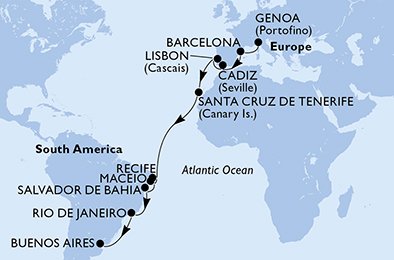 19 Noches por Italia, España, Portugal, Brasil, Argentina a bordo del MSC Musica