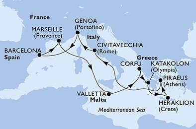 11 Noches por Italia, España, Francia, Malta, Grecia a bordo del MSC Poesia