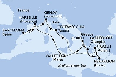 12 Noches por España, Francia, Malta, Grecia, Italia a bordo del MSC Poesia
