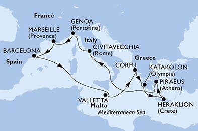 11 Noches por España, Malta, Grecia, Italia, Francia a bordo del MSC Poesia