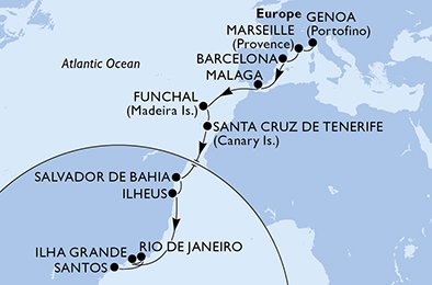 18 Noches por Italia, Francia, España, Portugal, Brasil a bordo del MSC Fantasia