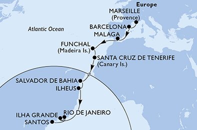 17 Noches por Francia, España, Portugal, Brasil a bordo del MSC Fantasia