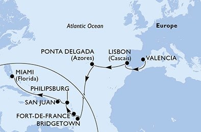 17 Noches por España, Portugal, Barbados, Martinica, St. Maarten, Puerto Rico, Estados Unidos a bordo del MSC Divina