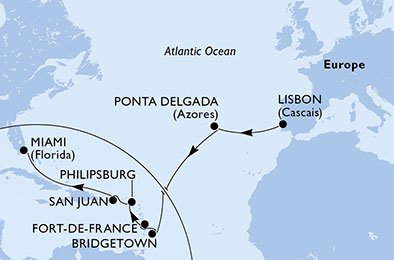 15 Noches por Portugal, Barbados, Martinica, St. Maarten, Puerto Rico, Estados Unidos a bordo del MSC Divina