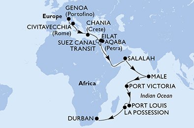 29 Noches por Italia, Grecia, Egipto, Israel, Jordania, Omán, Maldivas, Seychelles, Mauricio, Reunión, Sudáfrica a bordo del MSC Orchestra