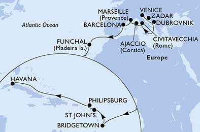 22 Noches por Italia, Croacia, Francia, España, Portugal, Barbados, Antigua y Barbuda, St. Maarten, Cuba a bordo del MSC Opera