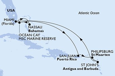10 Noches por Estados Unidos, Bahamas, Puerto Rico, St. Maarten, Antigua y Barbuda a bordo del MSC Divina