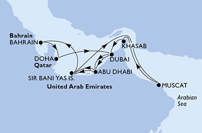 14 Noches por Emiratos Árabes Unidos, Omán, Bahréin, Qatar a bordo del MSC Lirica