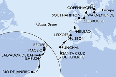 22 Noches por Brasil, España, Portugal, Francia, Bélgica, Dinamarca, Alemania a bordo del MSC Poesia