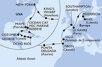 27 Noches por Estados Unidos, Jamaica, Gran Caimán, México, Bahamas, Bermudas, Portugal, España, Francia, Francia, Dinamarca, Alemania a bordo del MSC Meraviglia
