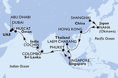 27 Noches por China, Japón, Hong Kong, Tailandia, Singapur, Sri Lanka, India, Omán, Emiratos Árabes Unidos a bordo del MSC Splendida