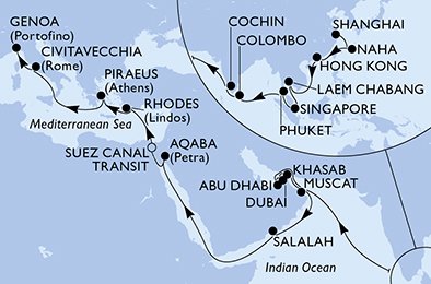 44 Noches por China, Japón, Hong Kong, Tailandia, Singapur, Sri Lanka, India, Omán, Emiratos Árabes Unidos, Jordania, Egipto, Grecia, Italia a bordo del MSC Splendida