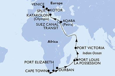 29 Noches por Sudáfrica, Reunión, Mauricio, Seychelles, Jordania, Egipto, Grecia, Montenegro, Croacia, Italia a bordo del MSC Orchestra