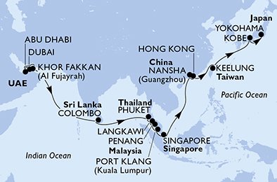 29 Noches por Emiratos Árabes Unidos, Sri Lanka, Tailandia, Malasia, Singapur, China, Hong Kong, Taiwán, Japón a bordo del MSC Bellissima