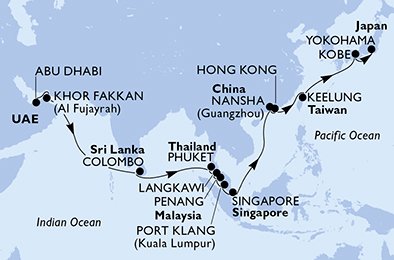 27 Noches por Emiratos Árabes Unidos, Sri Lanka, Tailandia, Malasia, Singapur, China, Hong Kong, Taiwán, Japón a bordo del MSC Bellissima
