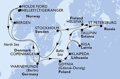 18 Noches por Alemania, Polonia, Lituania, Letonia, Estonia, Rusia, Finlandia, Suecia, Dinamarca, Noruega a bordo del MSC Poesia