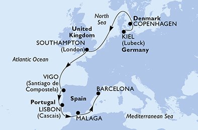 9 Noches por Alemania, Dinamarca, Francia, España, Portugal a bordo del MSC Splendida