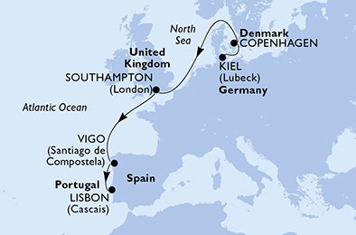 6 Noches por Alemania, Dinamarca, Francia, España, Portugal a bordo del MSC Splendida