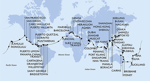 118 Noches por España, Portugal, Barbados, Granada, Aruba, Colombia, Costa Rica, Panamá, Nicaragua, Guatemala, México, Estados Unidos, Samoa, Islas Fiyi, Nueva Zelanda, Australia, Papúa Nueva Guinea, Filipi a bordo del MSC Poes
