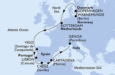 11 Noches por Dinamarca, Alemania, Holanda, España, Portugal, Italia a bordo del MSC Poesia