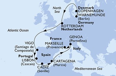 12 Noches por Dinamarca, Alemania, Holanda, España, Portugal, Italia, Francia a bordo del MSC Poesia