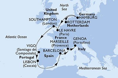 12 Noches por Holanda, Alemania, Francia, Francia, España, Portugal, Italia a bordo del MSC Preziosa