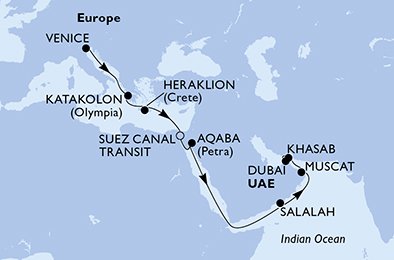 16 Noches por Italia, Grecia, Egipto, Jordania, Omán, Emiratos Árabes Unidos a bordo del MSC Lirica