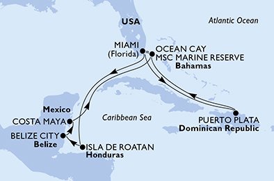 12 Noches por Estados Unidos, República Dominicana, Bahamas, Honduras, Belice, México a bordo del MSC Meraviglia