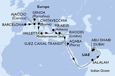 21 Noches por España, Francia, Italia, Malta, Grecia, Egipto, Jordania, Omán, Emiratos Árabes Unidos a bordo del MSC Seaview