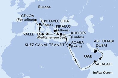 19 Noches por Italia, Malta, Grecia, Egipto, Jordania, Omán, Emiratos Árabes Unidos a bordo del MSC Seaview