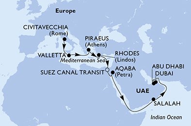 18 Noches por Italia, Malta, Grecia, Egipto, Jordania, Omán, Emiratos Árabes Unidos a bordo del MSC Seaview