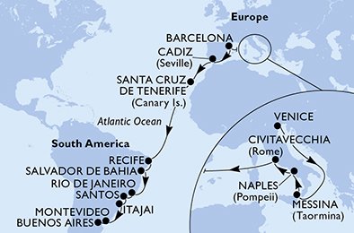 24 Noches por Italia, España, Brasil, Uruguay, Argentina a bordo del MSC Sinfonia