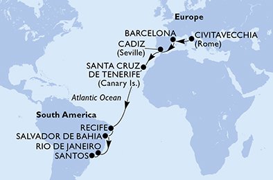 16 Noches por Italia, España, Brasil a bordo del MSC Sinfonia