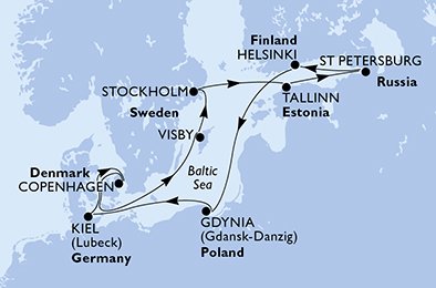 11 Noches por Alemania, Dinamarca, Suecia, Estonia, Rusia, Finlandia, Polonia a bordo del MSC Splendida